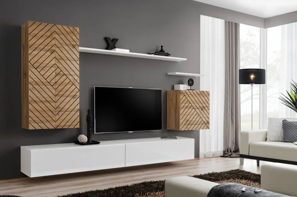 Meblościanka SWITCH LAMEL II dąb wotan/biała wisząca I sklep meblowy MIRAT. styl RYFLOWANY