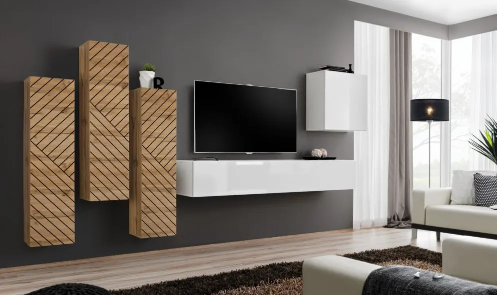 Meblościanka SWITCH LAMEL III dąb wotan/biała ryflowane fronty I sklep meblowy MIRAT. styl RYFLOWANY