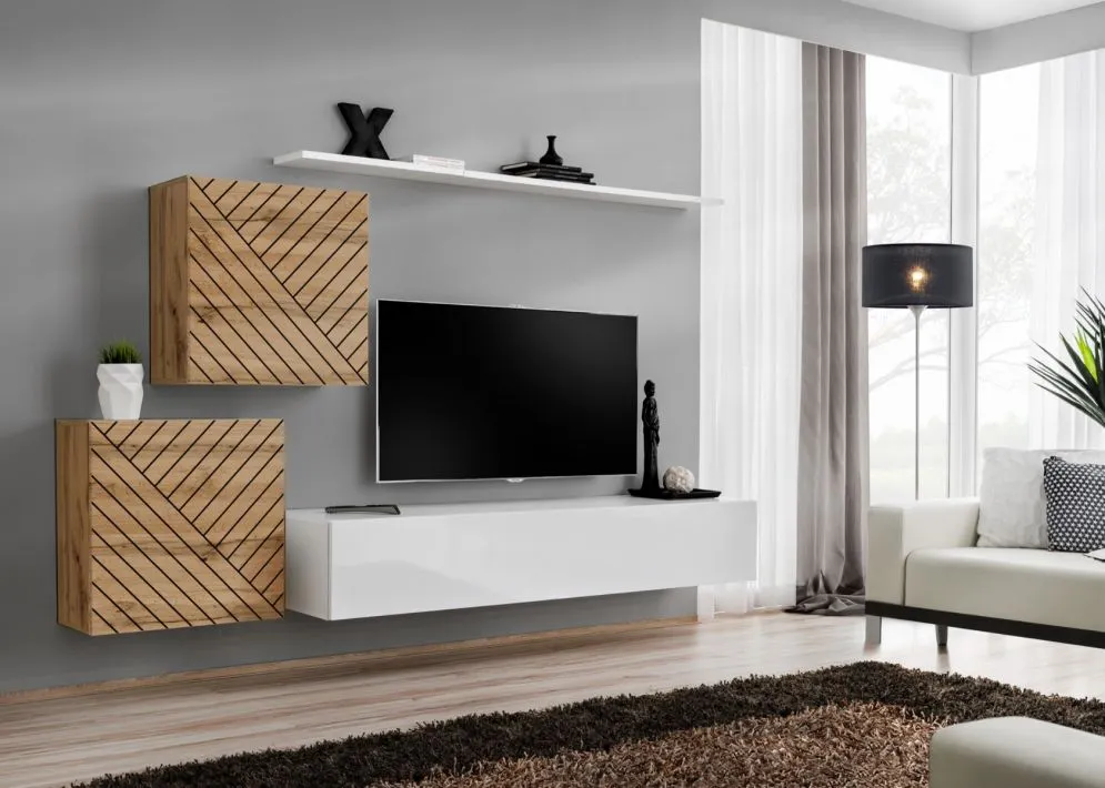 Meblościanka SWITCH LAMEL V dąb wotan/biały ryflowane fronty I sklep meblowy MIRAT. styl RYFLOWANY