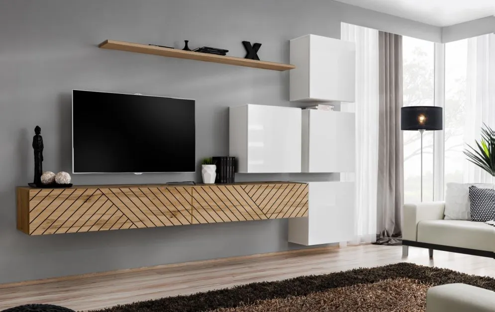 Meblościanka SWITCH LAMEL IX dąb wotan/biała nowoczesna I sklep meblowy MIRAT. styl RYFLOWANY