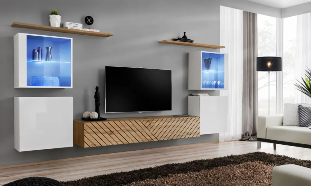 Meblościanka SWITCH LAMEL XIV biała/dąb wotan z ryflowanymi frontami I sklep meblowy MIRAT. styl RYFLOWANY