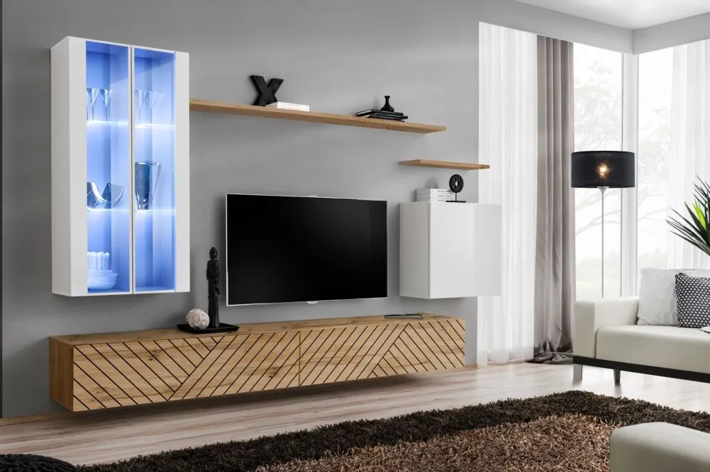 Meblościanka SWITCH LAMEL XII biała/dąb wotan z podświetleniem LED I sklep meblowy MIRAT. styl RYFLOWANY