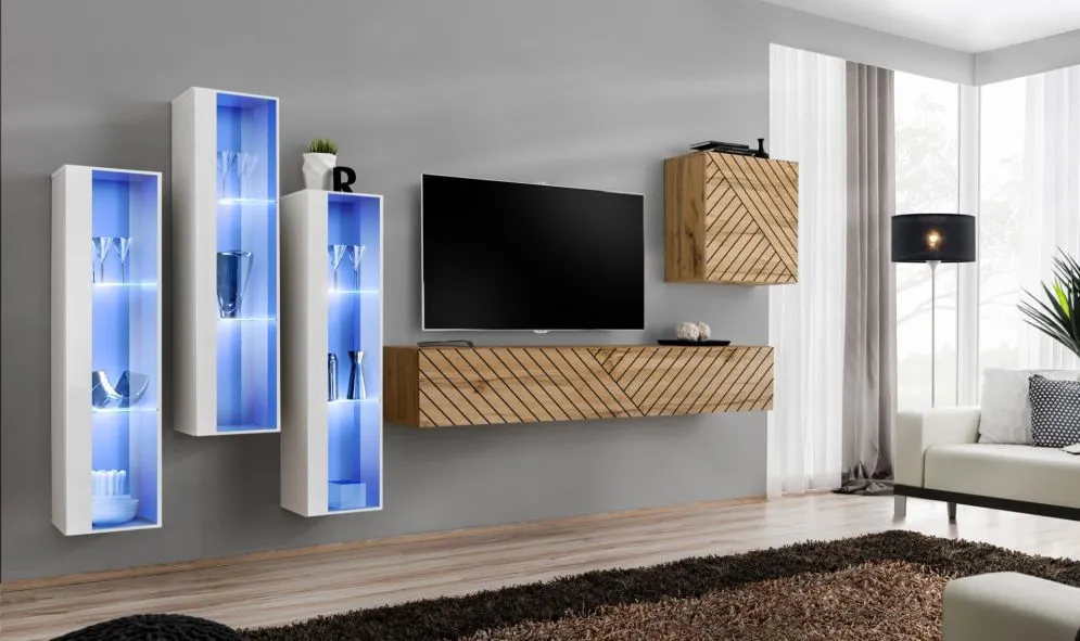 Meblościanka SWITCH LAMEL XIII biała/dąb wotan z oświetleniem LED I sklep meblowy MIRAT. styl RYFLOWANY