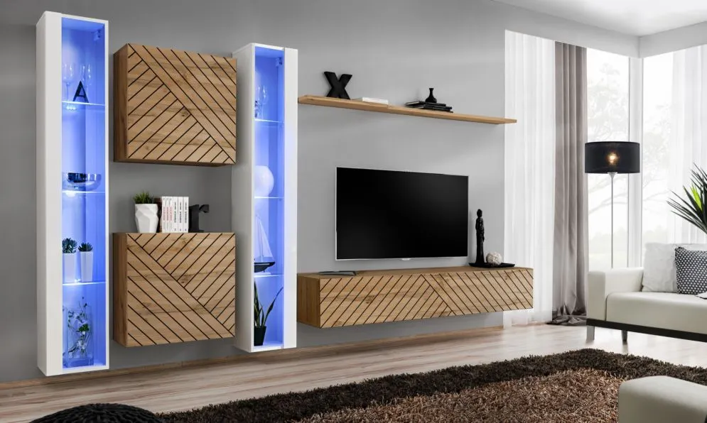 Meblościanka SWITCH LAMEL XVI dąb wotan/biała z oświetleniem LED I sklep meblowy MIRAT. styl RYFLOWANY