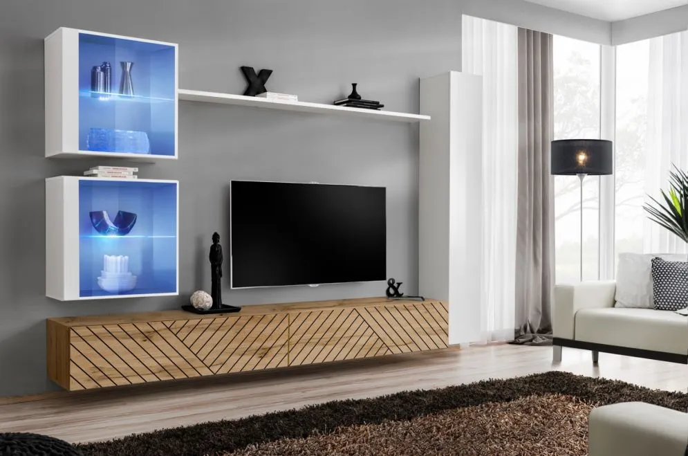 Meblościanka SWITCH LAMEL XVIII biała/dąb wotan do salonu I sklep meblowy MIRAT. styl RYFLOWANY