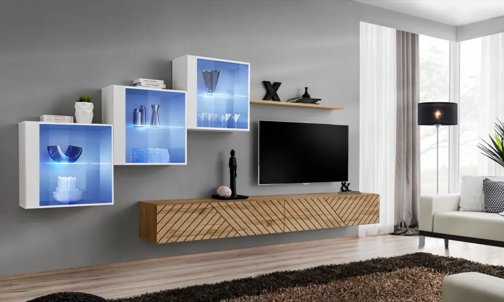 Meblościanka SWITCH LAMEL XX biała/dąb wotan LED I sklep meblowy MIRAT. styl RYFLOWANY