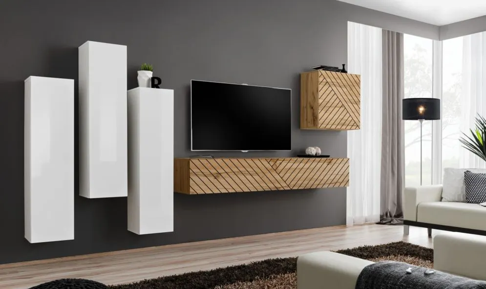 Meblościanka SWITCH LAMEL III biała/dąb wotan I sklep meblowy MIRAT. styl RYFLOWANY