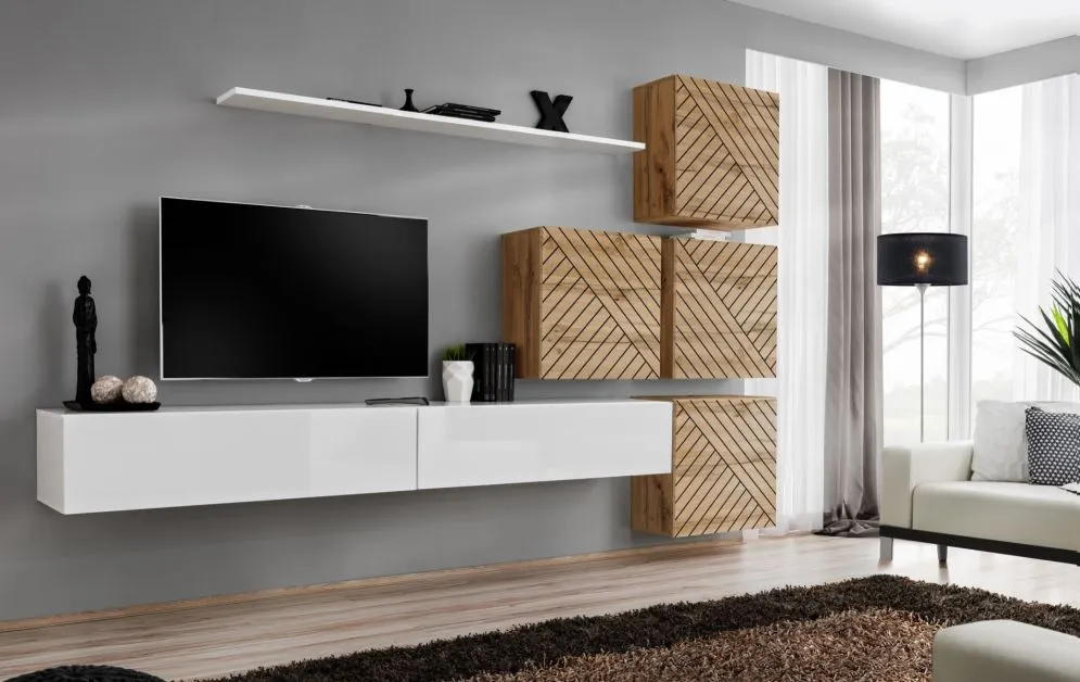 Meblościanka SWITCH LAMEL IX biała/dąb wotan wisząca I sklep meblowy MIRAT. styl RYFLOWANY