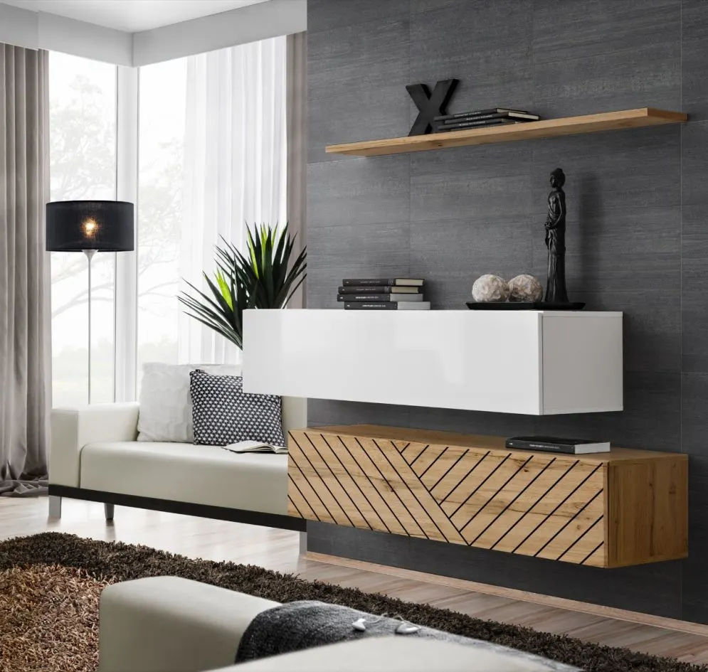 Meblościanka SWITCH LAMEL SB2 dąb wotan/biała wisząca I sklep meblowy MIRAT. styl RYFLOWANY