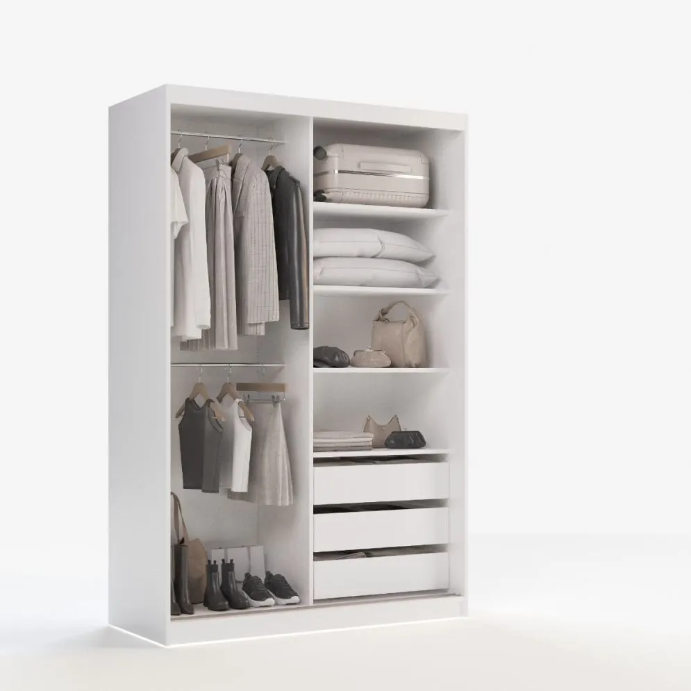 Szafa przesuwna SELLY BOX 140cm biała mat z szufladami, półkami i drążkami I sklep meblowy MIRAT.