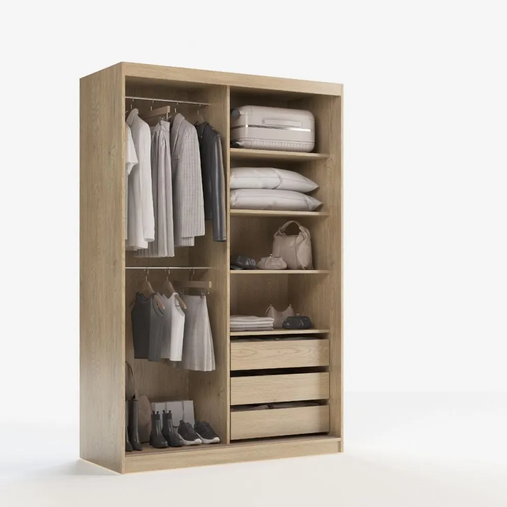 Szafa przesuwna SELLY BOX 140cm dąb bielony z szufladami, półkami i drążkami I sklep meblowy MIRAT.