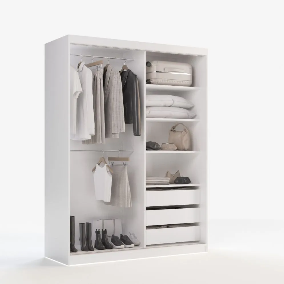 Szafa przesuwna SELLY BOX 160cm biała mat z szufladami, półkami i drążkami I sklep meblowy MIRAT.
