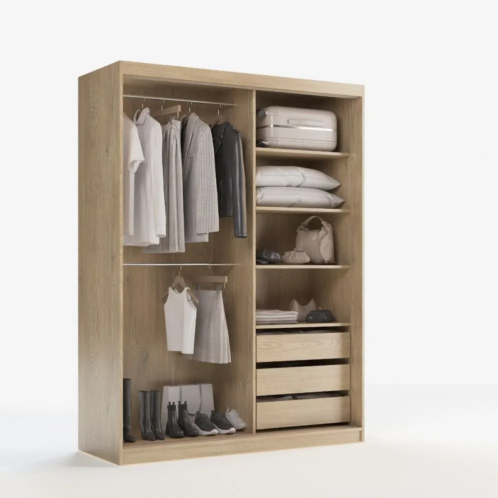 Szafa przesuwna SELLY BOX 160cm dąb bielony z szufladami, półkami i drążkami I sklep meblowy MIRAT.