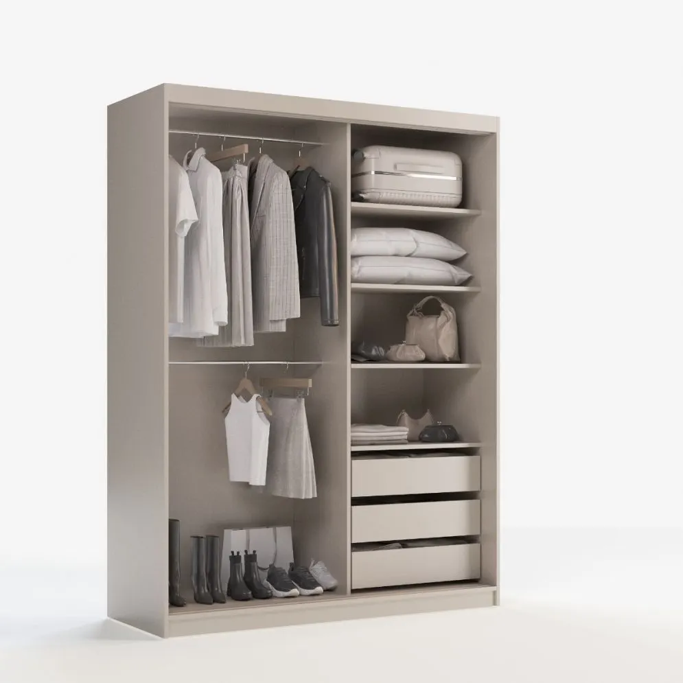 Szafa przesuwna SELLY BOX 160cm kaszmirowa z szufladami, półkami i drążkami I sklep meblowy MIRAT.