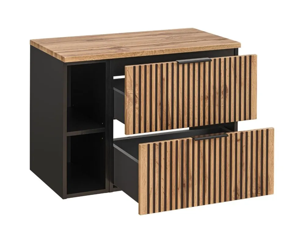 Szafka pod umywalkę XILO BLACK WOTAN 82 60cm czarna/dąb + regał - zestaw z blatem ryflowane fronty I sklep meblowy MIRAT. styl LOFT, RYFLOWANY kolekcja XILO