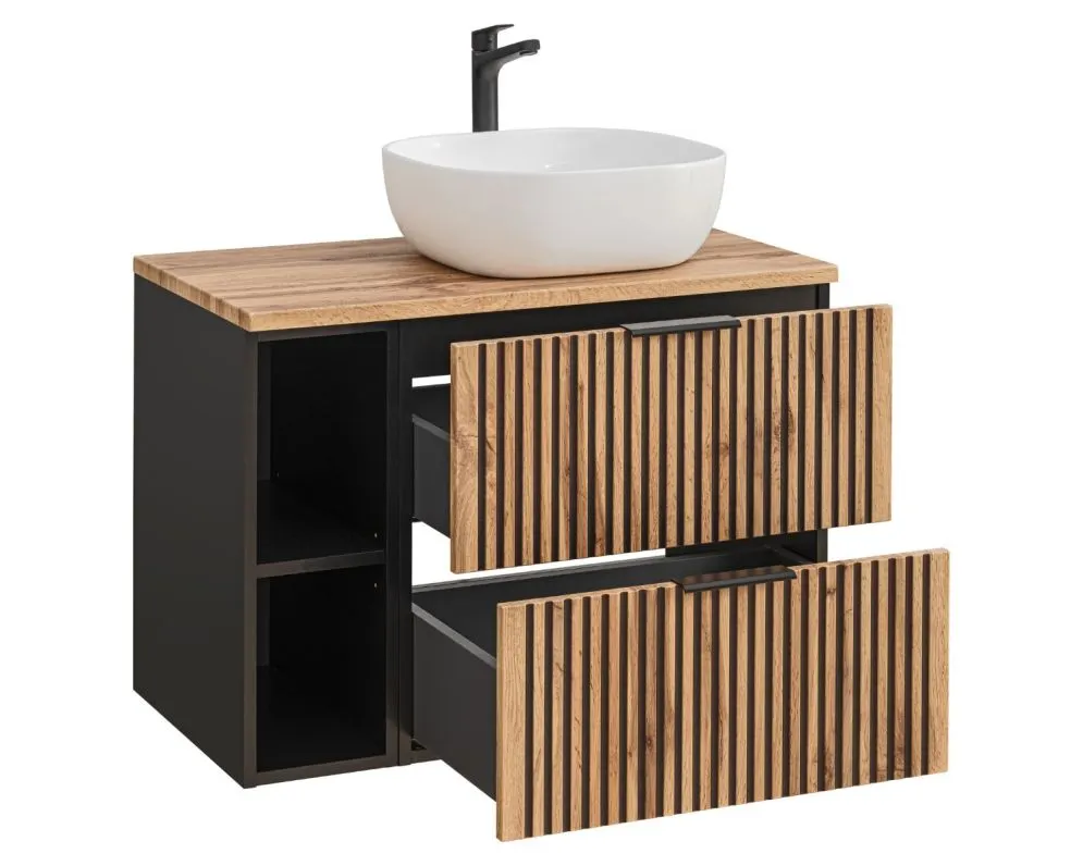 Szafka pod umywalkę XILO BLACK WOTAN 82 60cm czarna/dąb + regał - zestaw z blatem ryflowane fronty I sklep meblowy MIRAT. styl LOFT, RYFLOWANY kolekcja XILO