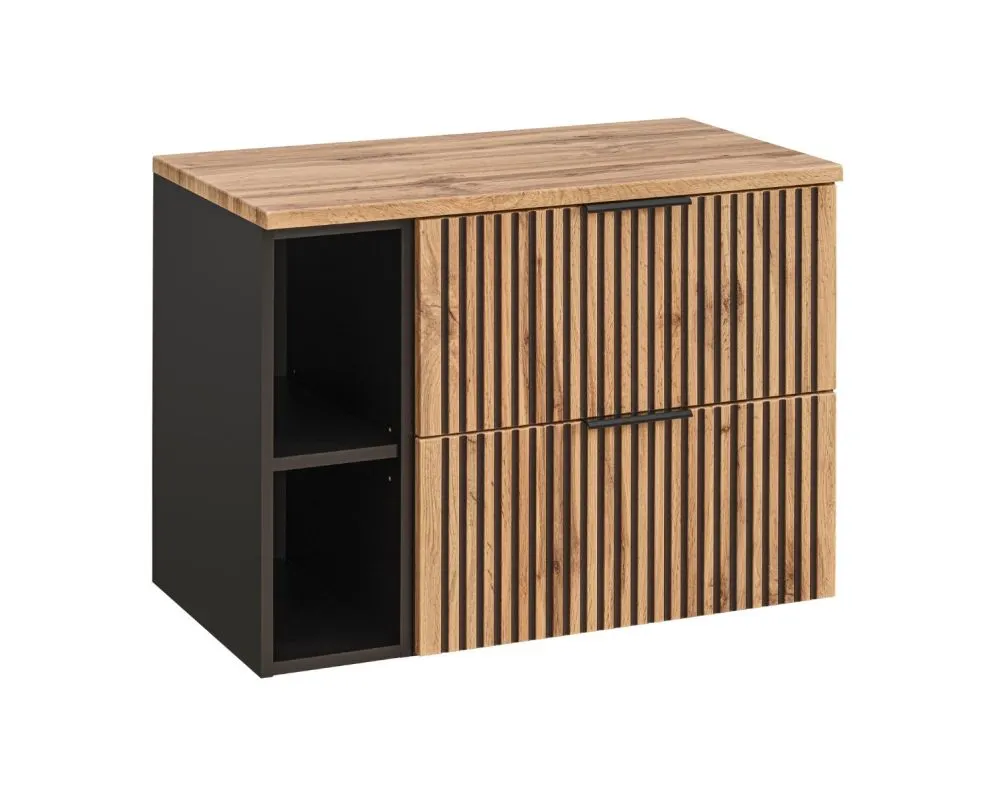 Szafka pod umywalkę XILO BLACK WOTAN 82 60cm czarna/dąb + regał - zestaw z blatem ryflowane fronty I sklep meblowy MIRAT. styl LOFT, RYFLOWANY kolekcja XILO