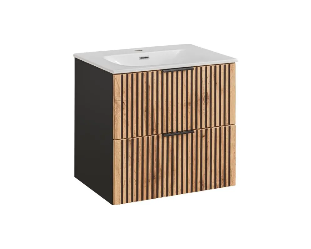 Szafka pod umywalkę BLACK WOTAN 82 60cm czarna/dąb ryflowane fronty I sklep meblowy MIRAT. styl LOFT, RYFLOWANY