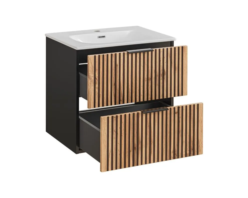 Szafka pod umywalkę BLACK WOTAN 82 60cm czarna/dąb ryflowane fronty I sklep meblowy MIRAT. styl LOFT, RYFLOWANY