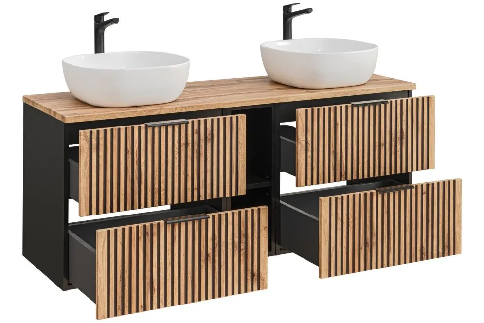 Wisząca szafka pod umywalkę nablatową XILO BLACK WOTAN 82 czarna/dąb x2 + regał - zestaw 140 cm z blatem  I sklep meblowy MIRAT. styl LOFT, RYFLOWANY kolekcja XILO