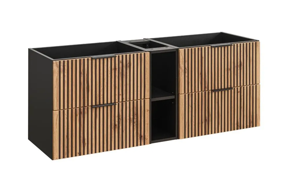 Wisząca szafka pod umywalkę nablatową XILO BLACK WOTAN 82 czarna/dąb x2 + regał - zestaw 140 cm z blatem  I sklep meblowy MIRAT. styl LOFT, RYFLOWANY kolekcja XILO