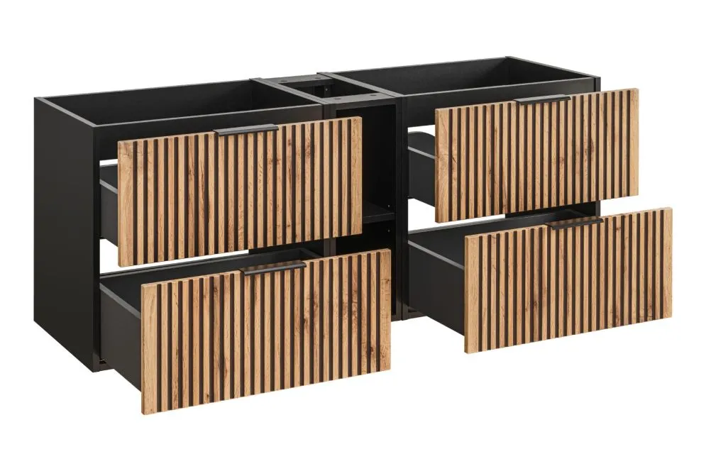 Wisząca szafka pod umywalkę nablatową XILO BLACK WOTAN 82 czarna/dąb x2 + regał - zestaw 140 cm z blatem  I sklep meblowy MIRAT. styl LOFT, RYFLOWANY kolekcja XILO