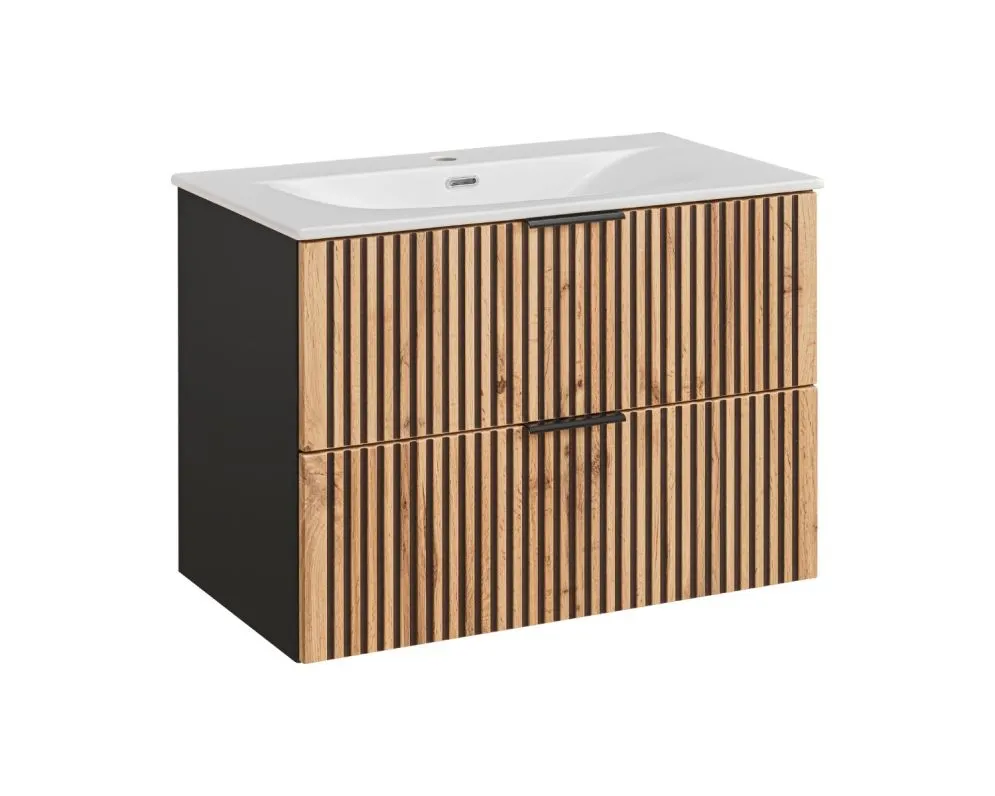 Szafka pod umywalkę BLACK WOTAN 82 80cm czarna/dąb wisząca I sklep meblowy MIRAT. styl LOFT, RYFLOWANY