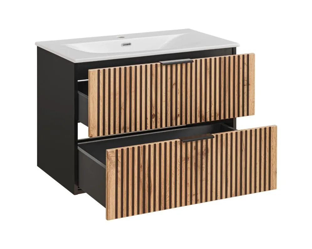Szafka pod umywalkę BLACK WOTAN 82 80cm czarna/dąb wisząca I sklep meblowy MIRAT. styl LOFT, RYFLOWANY