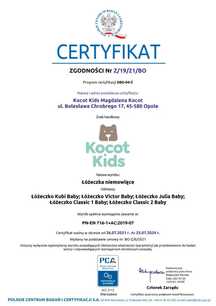 Łóżeczko dziecięce KUBI 120x60 szare z drewnianymi szczebelkami | MIRAT. styl SKANDYNAWSKI kolekcja KUBI