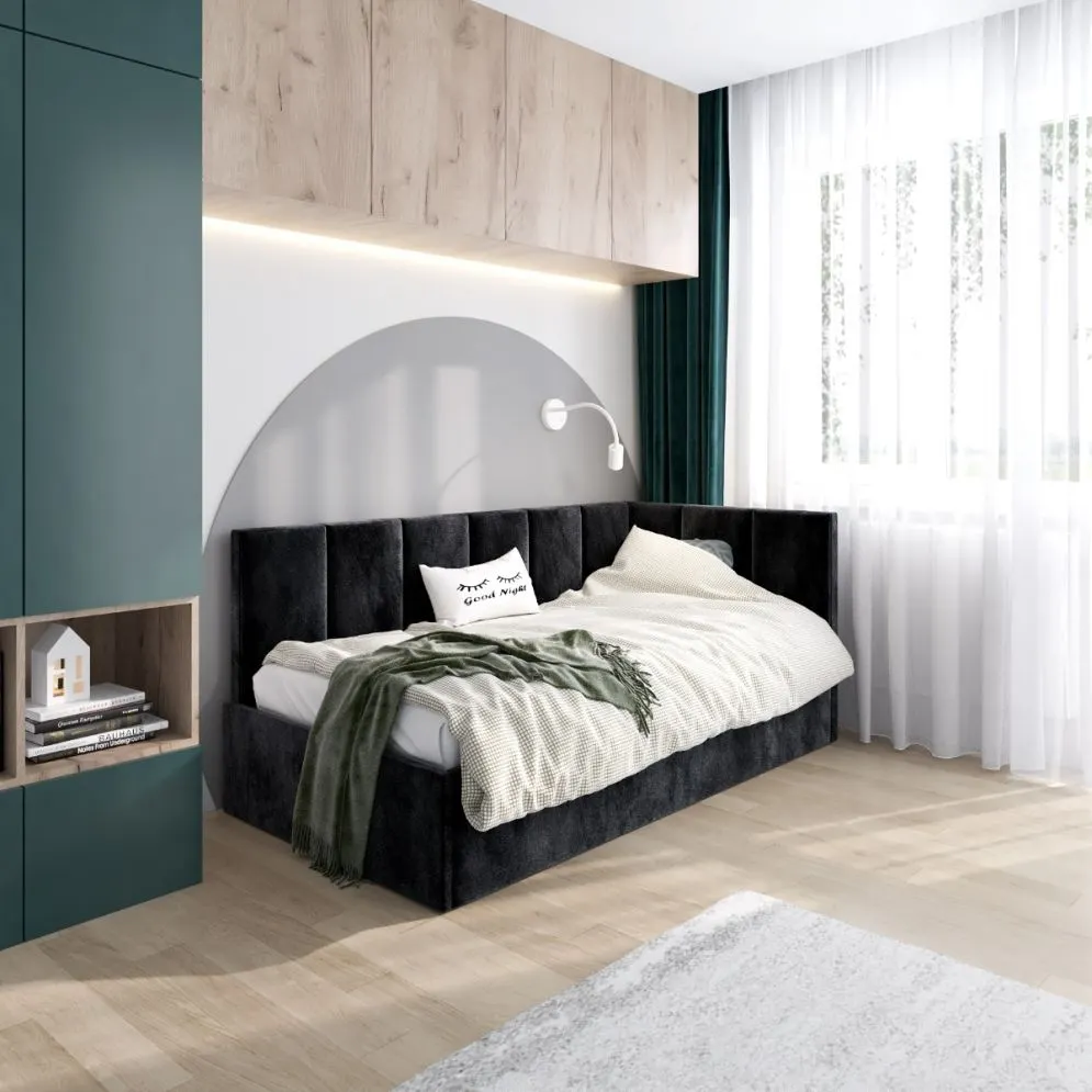 Łóżko młodzieżowe AURA 100x200 czarne z tapicerowanym zagłówkiem i pojemnikiem I sklep meblowy MIRAT.