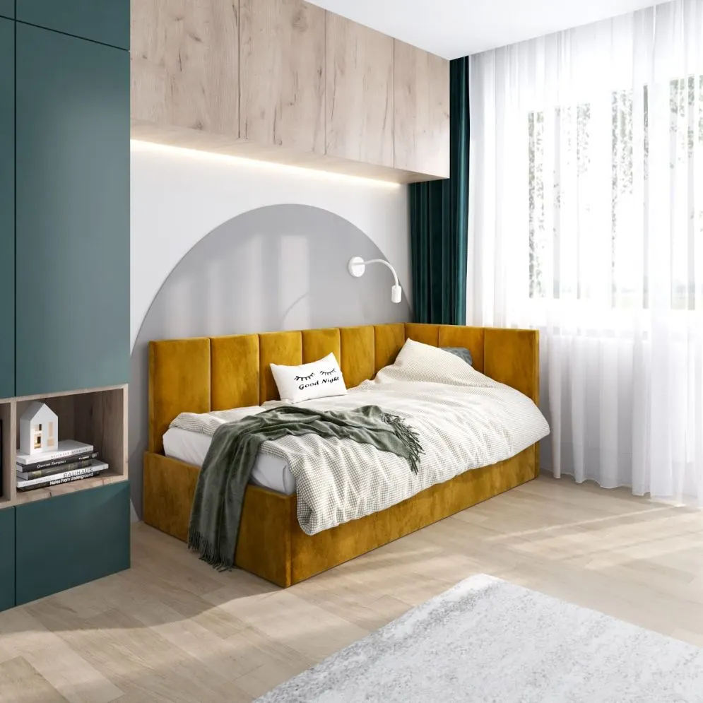 Łóżko młodzieżowe AURA 100x200 curry z tapicerowanym panelem bocznym i pojemnikiem I MIRAT.