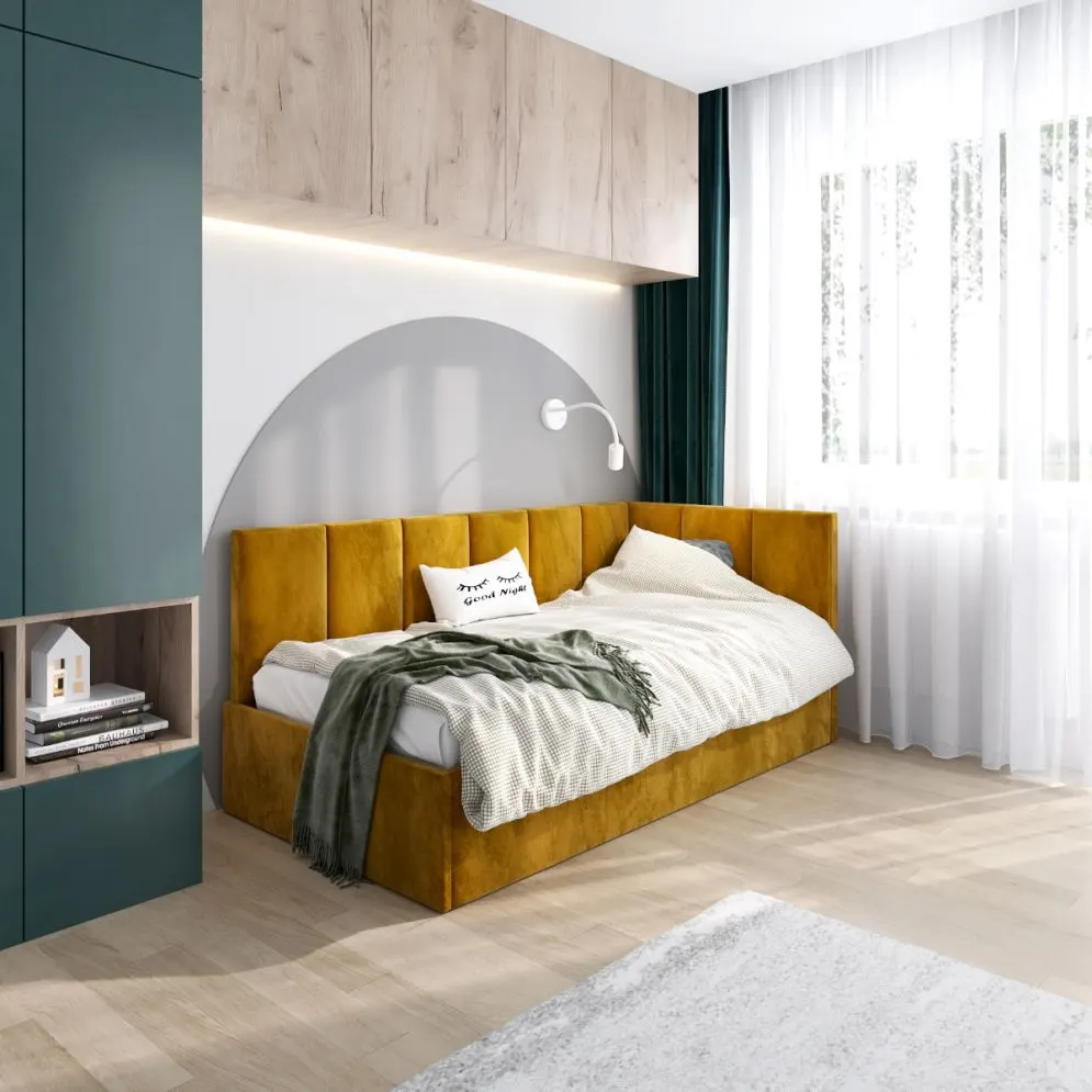 Łóżko młodzieżowe AURA 120x200 curry z panelem bocznym L i pojemnikiem I sklep meblowy MIRAT.