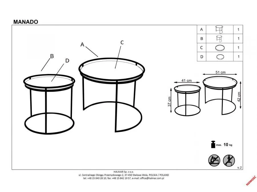 Zestaw ław MANADO okrągły na metalowej podstawie Halmar | MIRAT. w stylu LOFT kolekcja