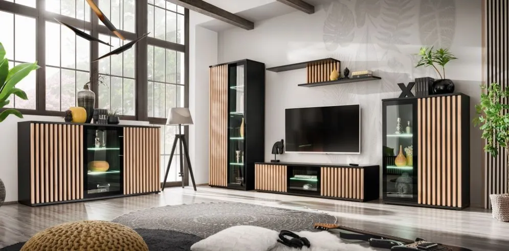 Szafka RTV CAMERON LED hickory jackson/czarna przeszklona I sklep meblowy MIRAT.