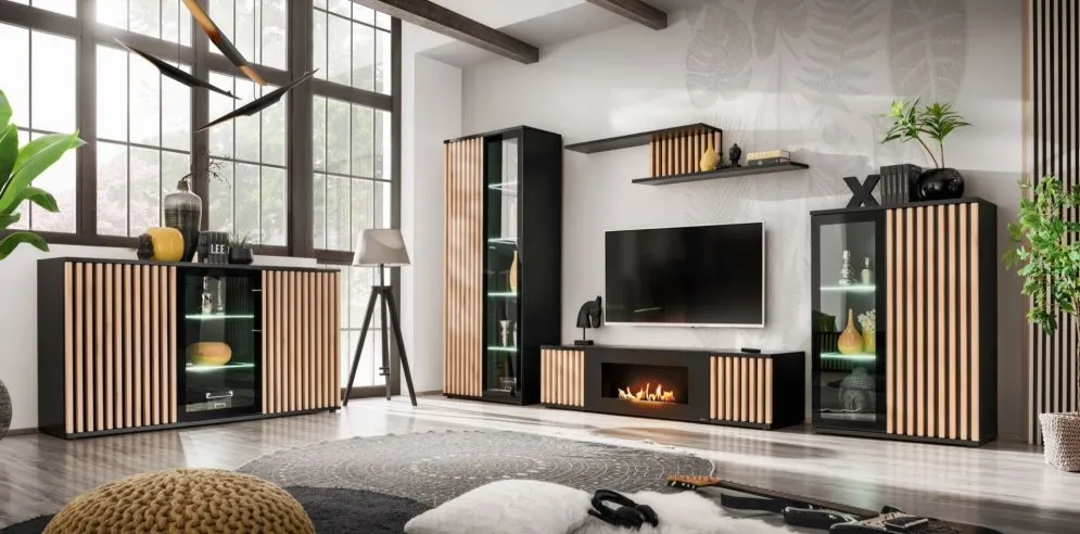 Szafka RTV CAMERON hickory jackson/czarna z biokominkiem do salonu I sklep meblowy MIRAT.