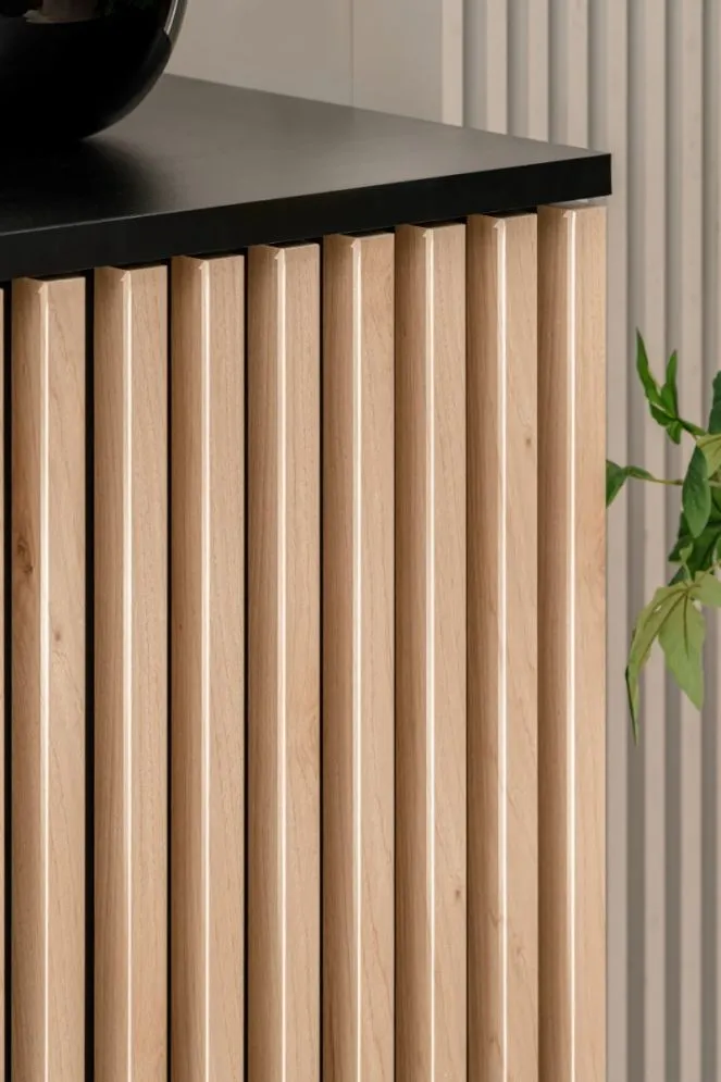 Witryna niska CAMERON LED hickory jackson/czarna szklana I sklep meblowy MIRAT.