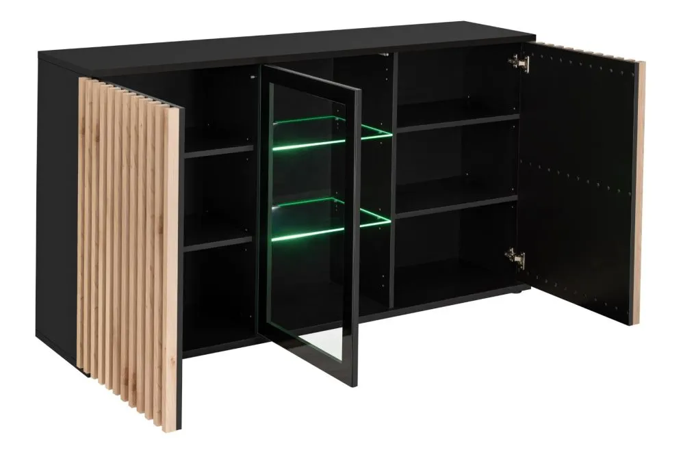 Komoda CAMERON LED hickory jackson/czarna przeszklona I sklep meblowy MIRAT.