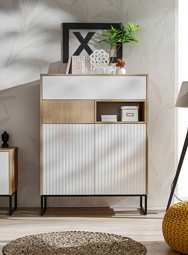 Komoda ZOE 2D2S jodełka scandi/biały mat dwuszufladowa I sklep meblowy MIRAT. styl RYFLOWANY, SKANDYNAWSKI