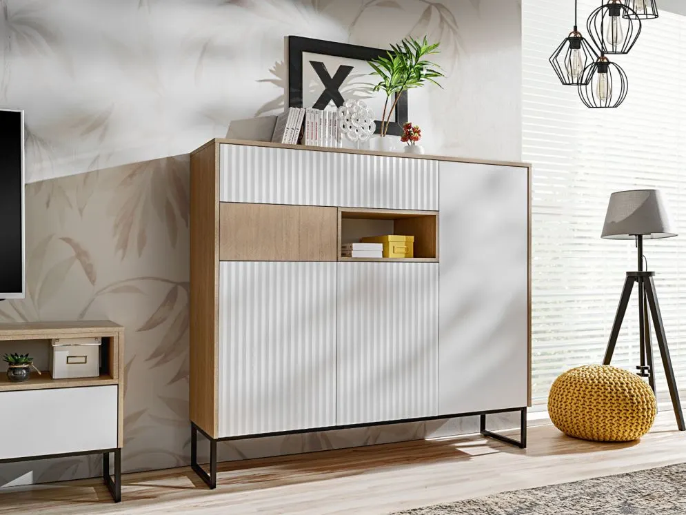 Komoda ZOE 3D2S jodełka scandi/biały mat z bezuchwytowym systemem otwierania I sklep meblowy MIRAT. styl RYFLOWANY, SKANDYNAWSKI