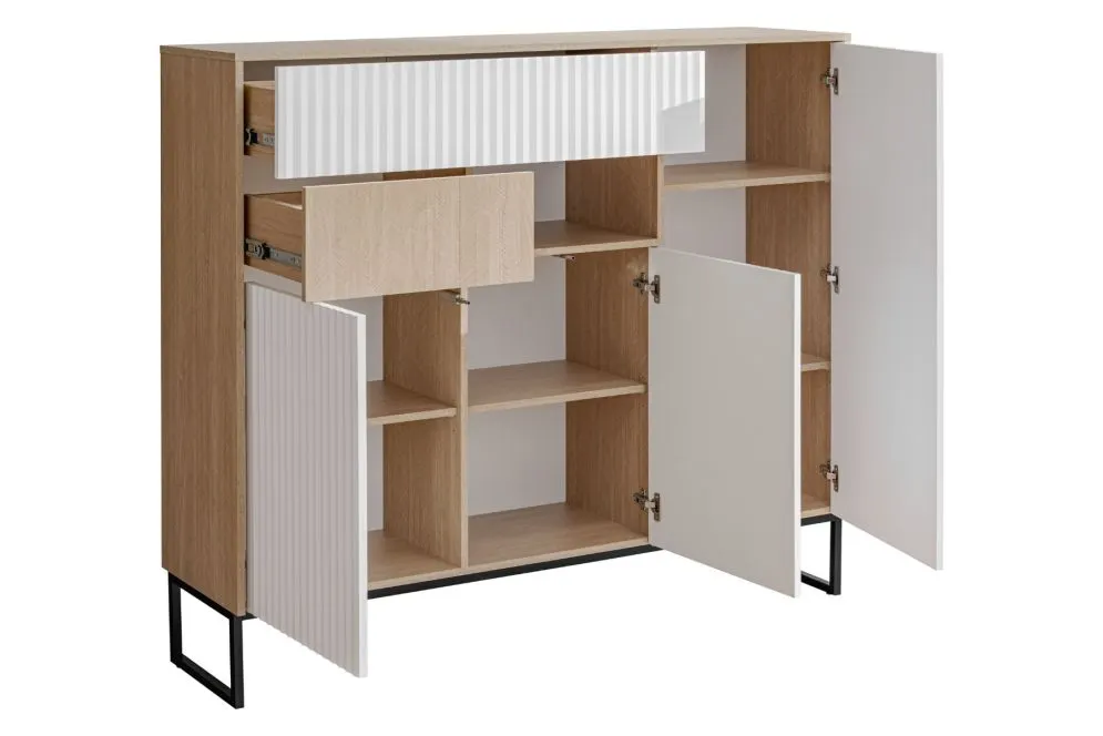 Komoda ZOE 3D2S jodełka scandi/biały mat z bezuchwytowym systemem otwierania I sklep meblowy MIRAT. styl RYFLOWANY, SKANDYNAWSKI