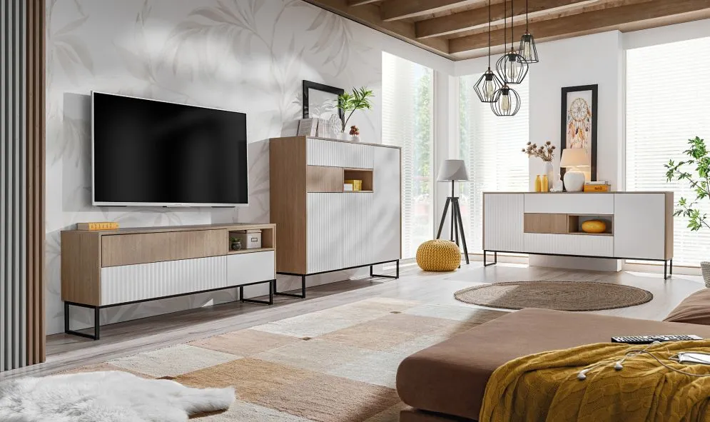 Szafka RTV ZOE 2K1S jodełka scandi/biały mat do salonu I sklep meblowy MIRAT. styl RYFLOWANY, SKANDYNAWSKI kolekcja ZOE