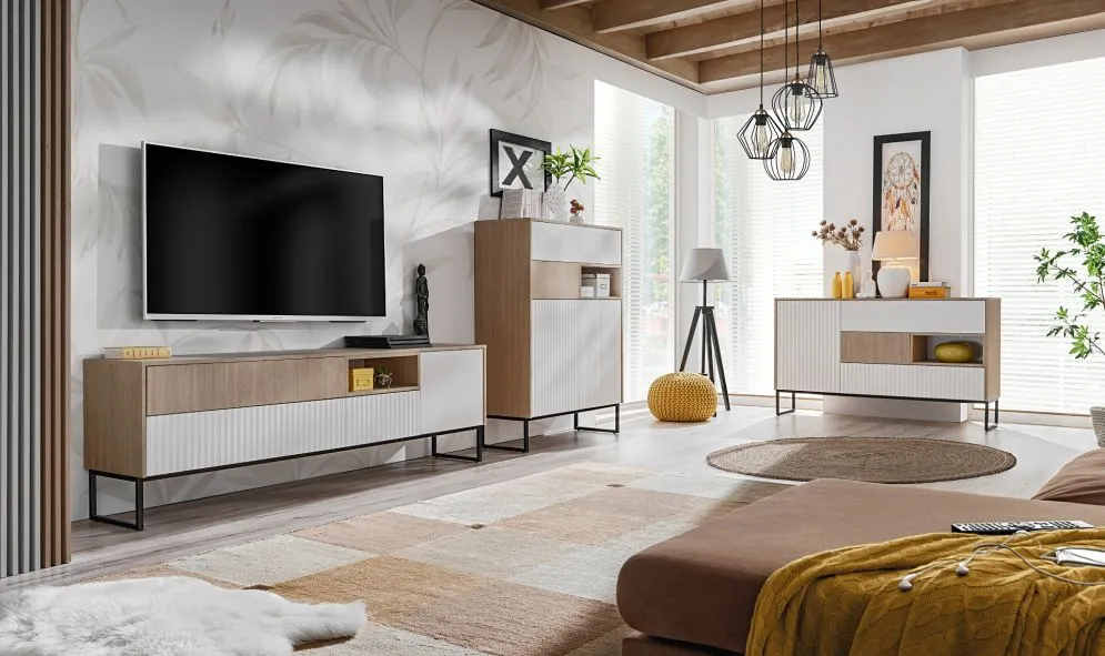 Komoda ZOE 1D3S jodełka scandi/biały mat trzyszufladowa I sklep meblowy MIRAT. styl RYFLOWANY, SKANDYNAWSKI