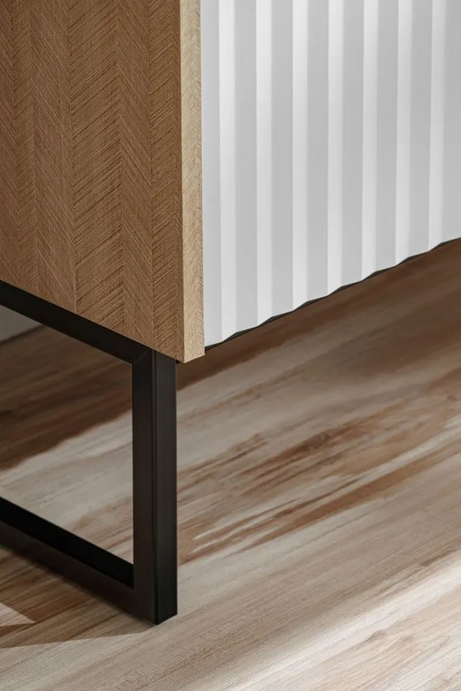 Komoda ZOE 2D2S jodełka scandi/biały mat dwuszufladowa I sklep meblowy MIRAT. styl RYFLOWANY, SKANDYNAWSKI