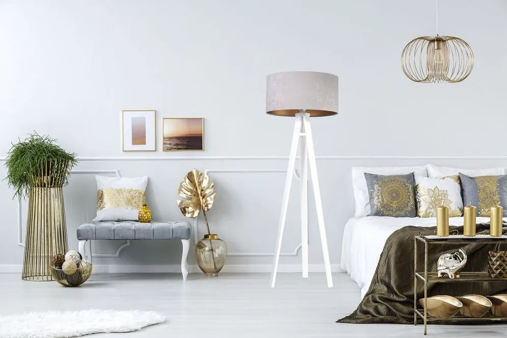 Lampa stojąca HOME 50 szara/złota/biała podłogowa welurowa | MIRAT.