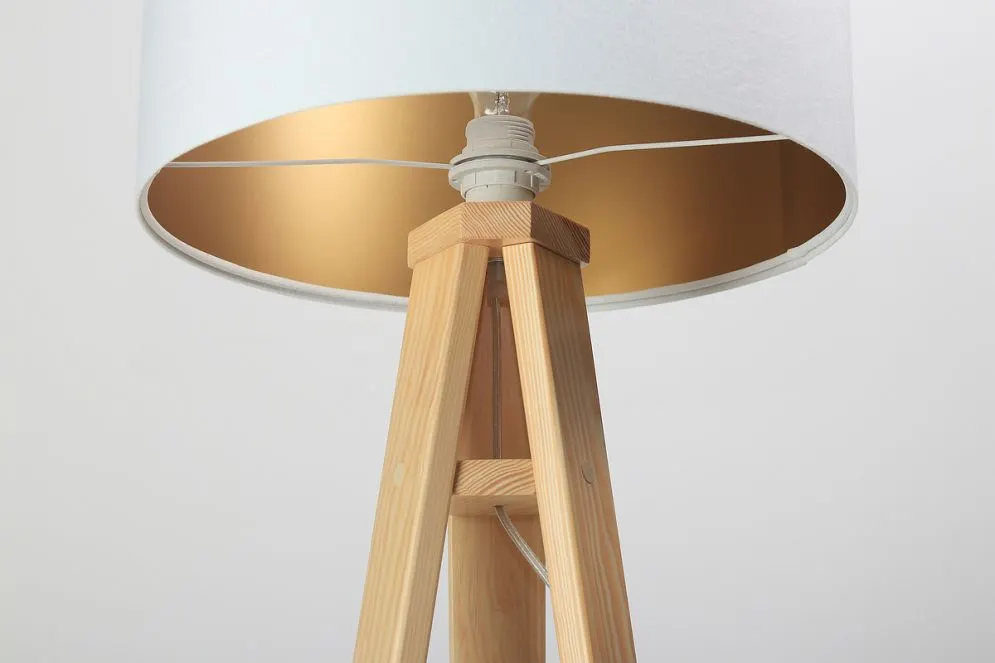 Lampa stojąca HOME 40 biała/złota/sosna na drewnianej podstawie | MIRAT.