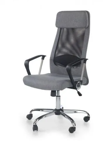 Szary fotel do biura z zagłówkiem i podłokietnikami oraz mechanizmem TILT ZOOM