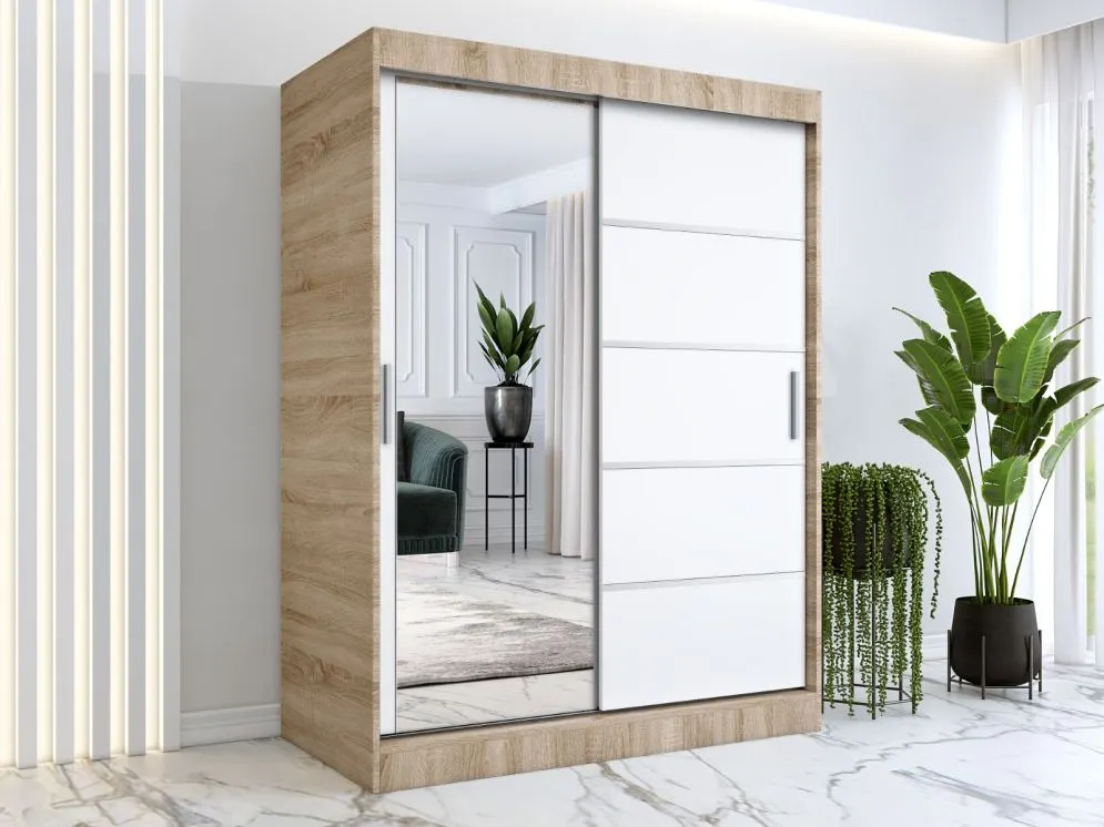 Szafa przesuwna MODUO COMFORT 3 150 dąb sonoma/biała mat z jednym lustrem | MIRAT.  kolekcja MODUO COMFORT