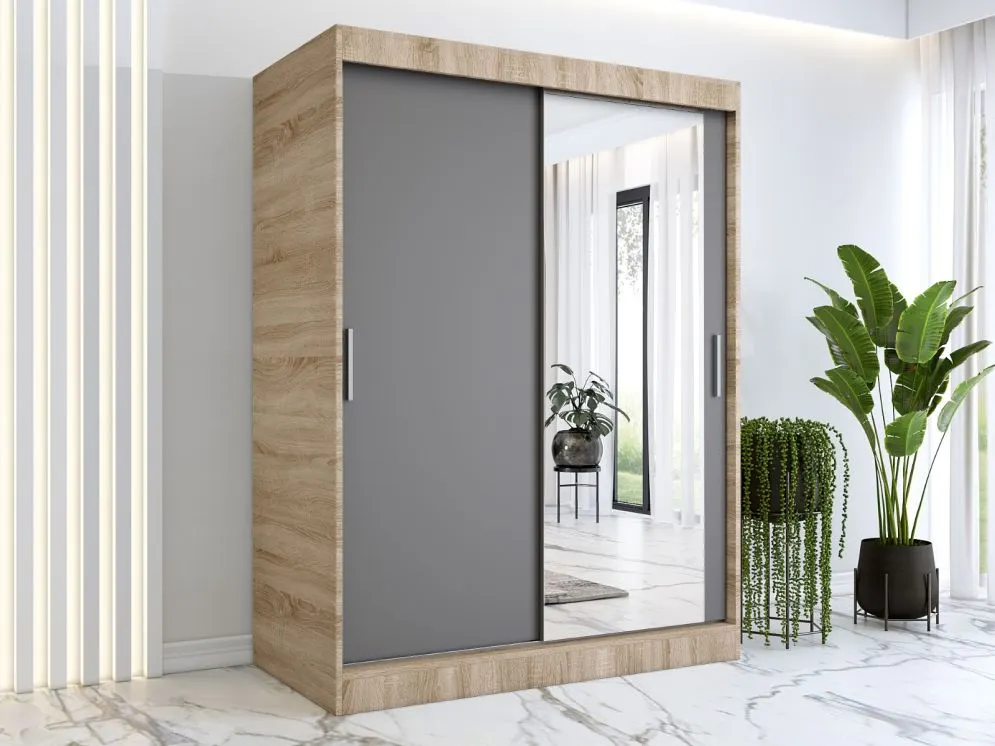 Szafa przesuwna MODUO COMFORT 150 dąb sonoma/antracyt z lustrem do sypialni | MIRAT. w stylu kolekcja MODUO COMFORT