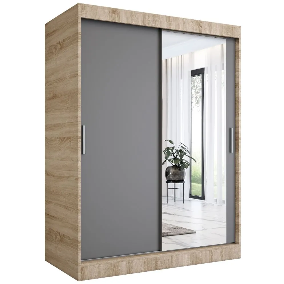 Szafa przesuwna MODUO COMFORT 150 dąb sonoma/antracyt z lustrem do sypialni | MIRAT. w stylu kolekcja MODUO COMFORT