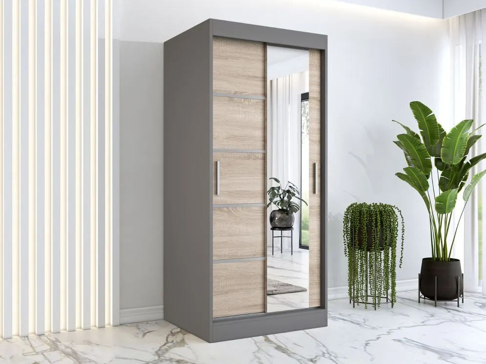 Szafa przesuwna MODUO COMFORT 2 90 antracyt/dąb sonoma z lustrem | MIRAT. w stylu  kolekcja MODUO COMFORT